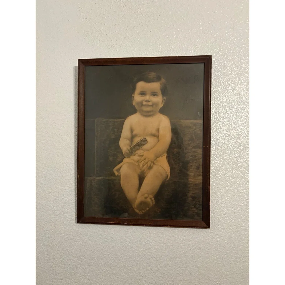 Vintage Antique Hand Colored Photo Print Portrait Baby Child Holding Comb Wood F